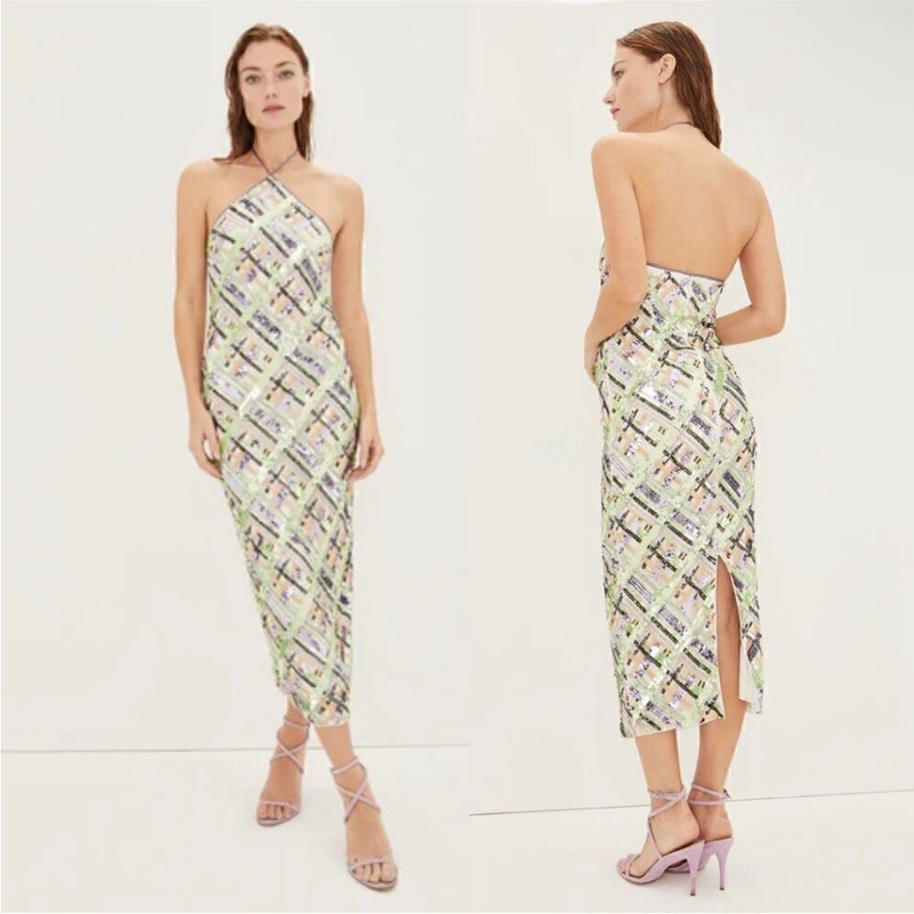 Veronica Beard NWT Cherie Dress Sequin Midi Halter In Violet Multi Size 2